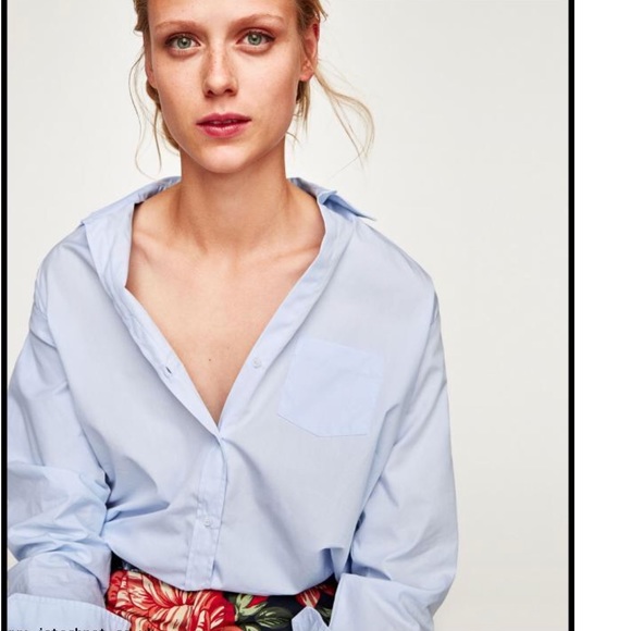 NWT Zara Sky Blue V Neck Poplin Shirt Size Large - Picture 1 of 2